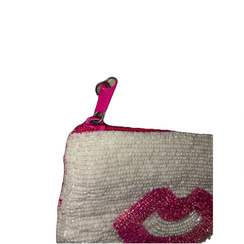 Kiss Beaded Coin Purse Pink White 5x4
